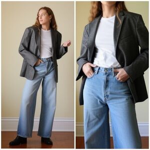 Vintage Black Grey Tweed Wool Oversized Classic Boyfriend‎ Menswear Fit Blazer